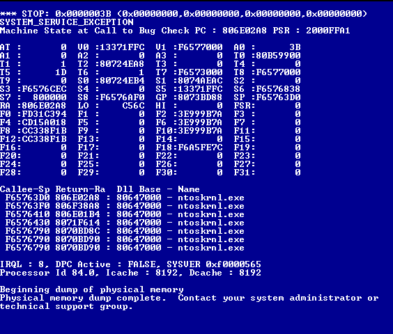 Windows NT 4.0 blue screen of death